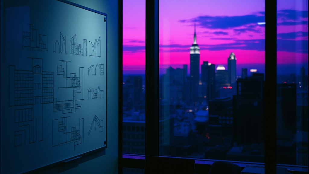 Laura's office at dusk: whiteboard sketches and the skyline