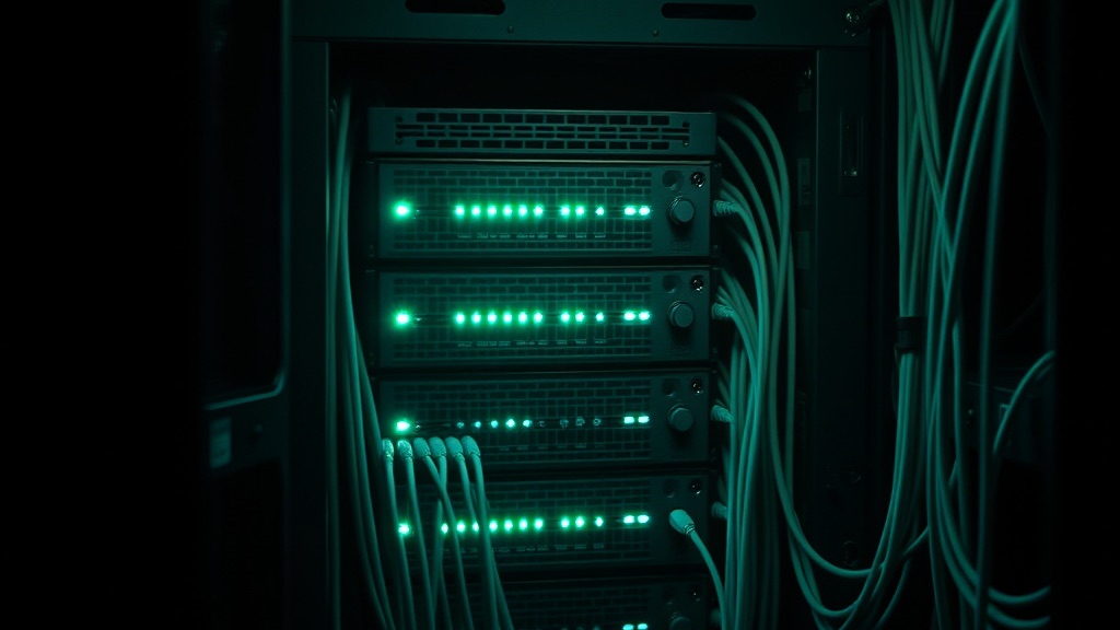 Marcus's homelab rack, teal LEDs in the dark