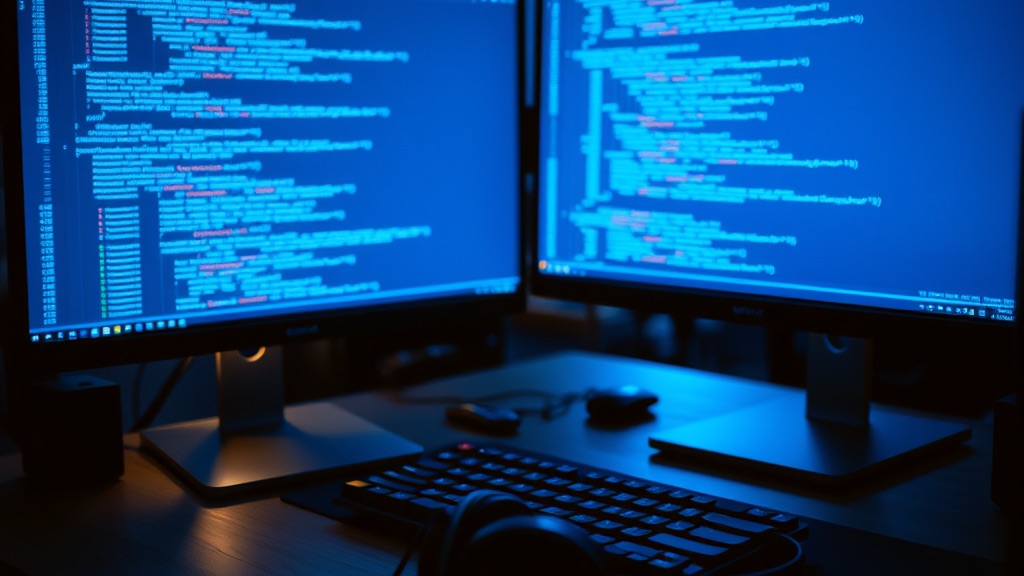 Max's desk at dusk: two monitors of diffs, headphones down