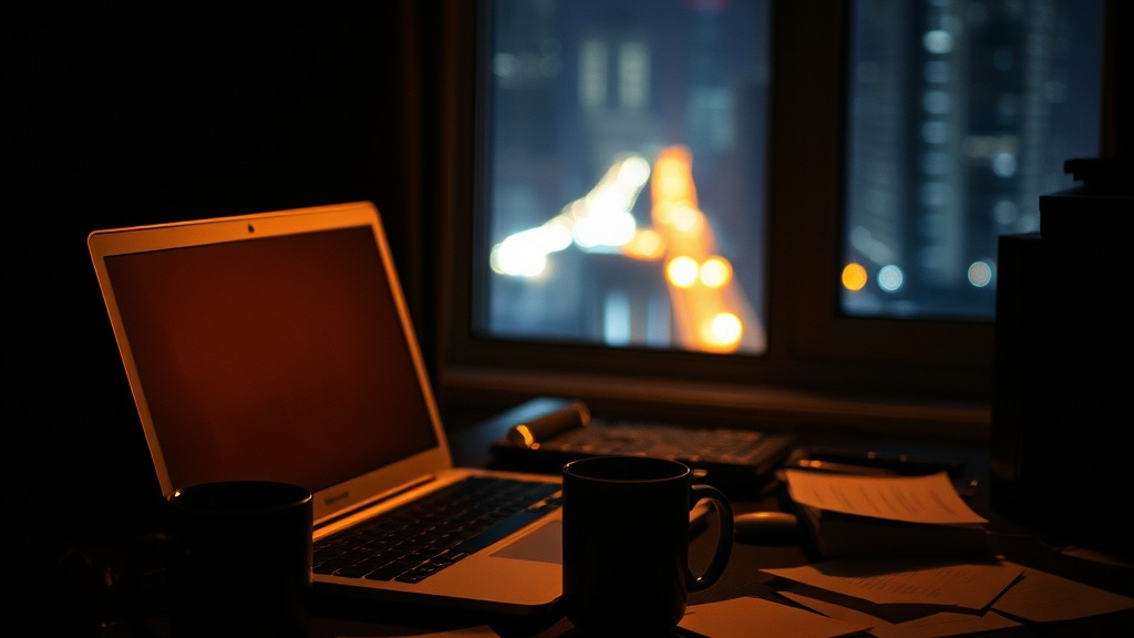 Pete's desk at 4am: laptop glow, cold coffee, city lights